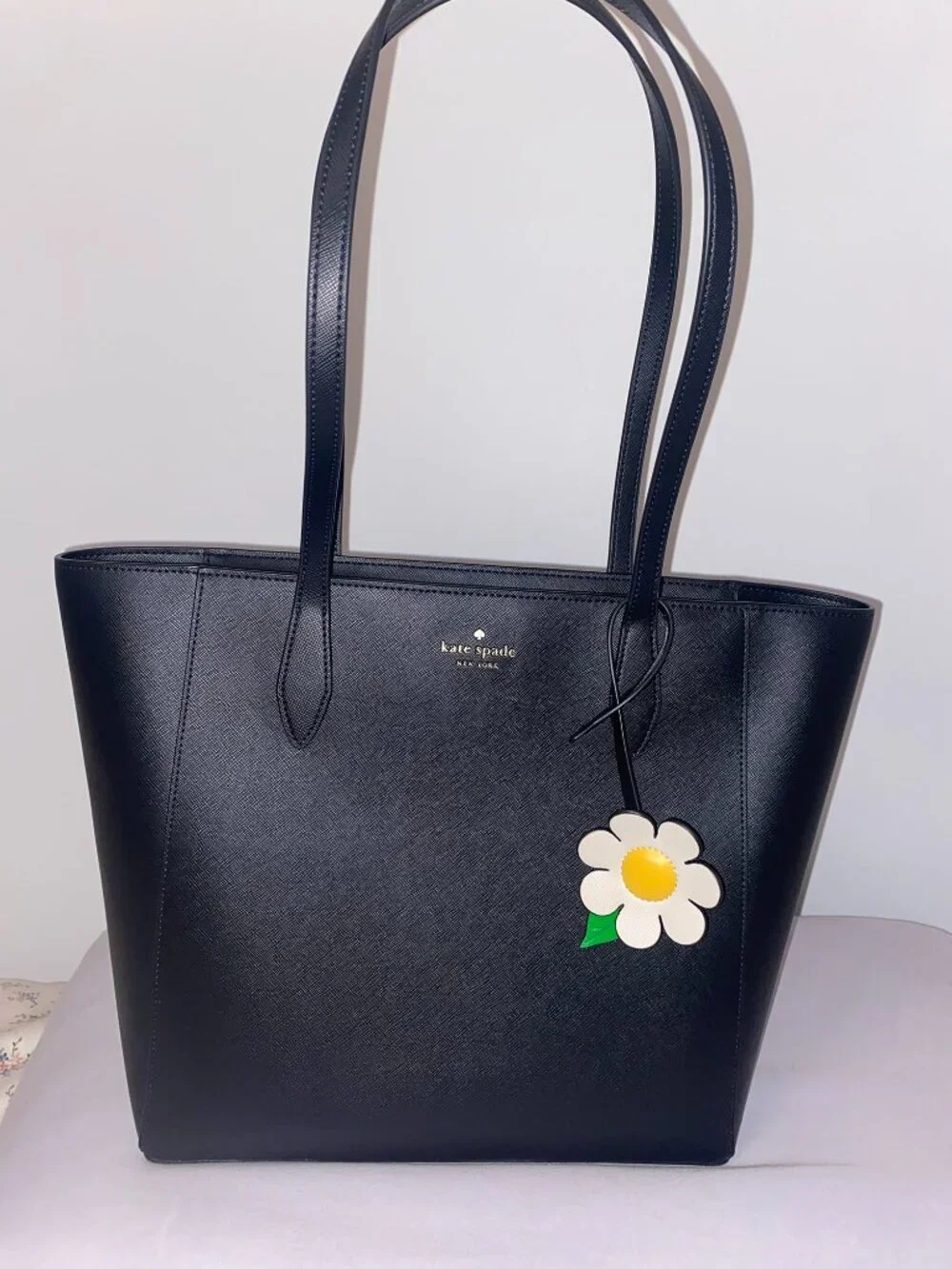 kate spade Black Saffiano Dana Tote with White Flower Charm